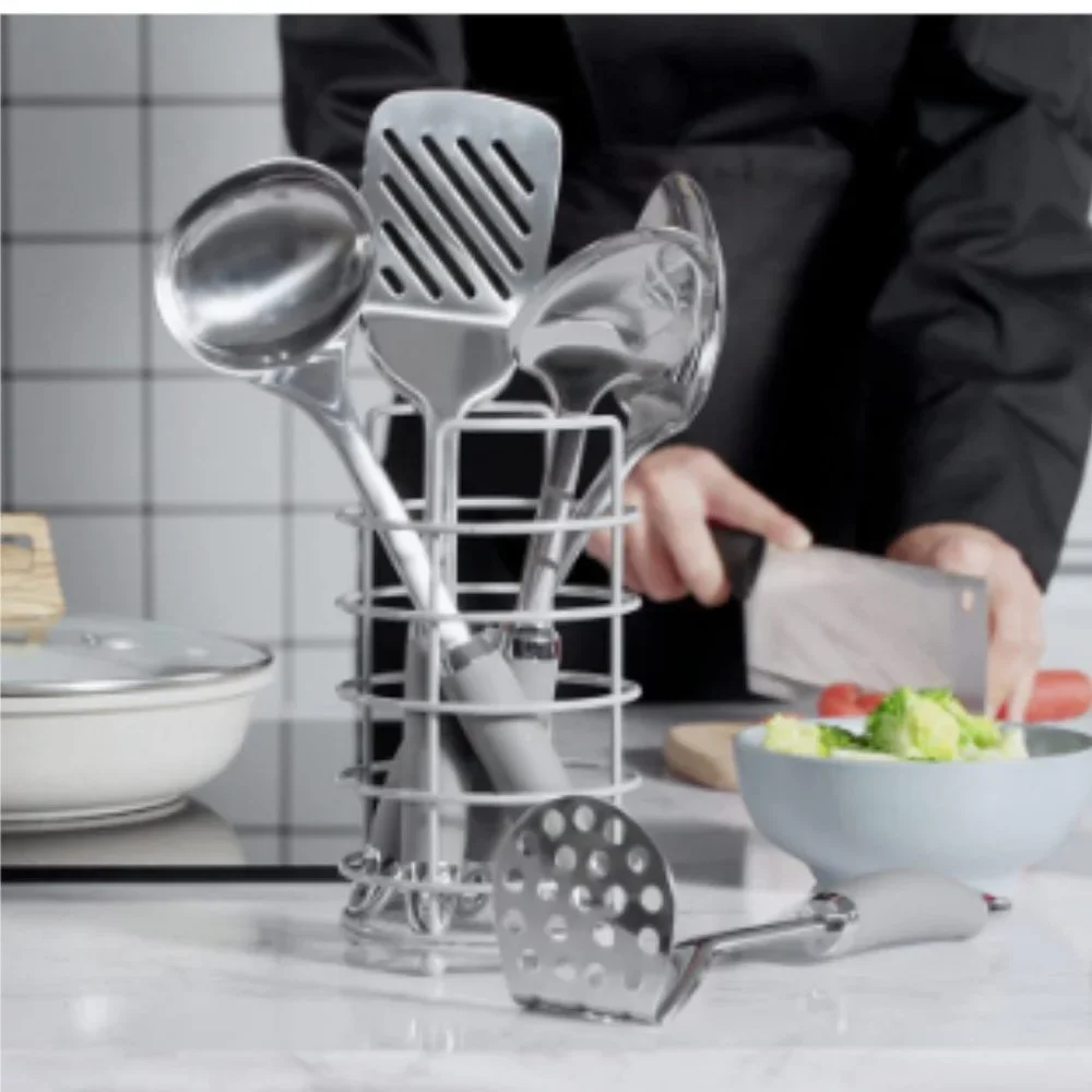 6 pc - Stainless Steel Kitchen Utensils w/ Holder / Non-Stick Silicone Handles
